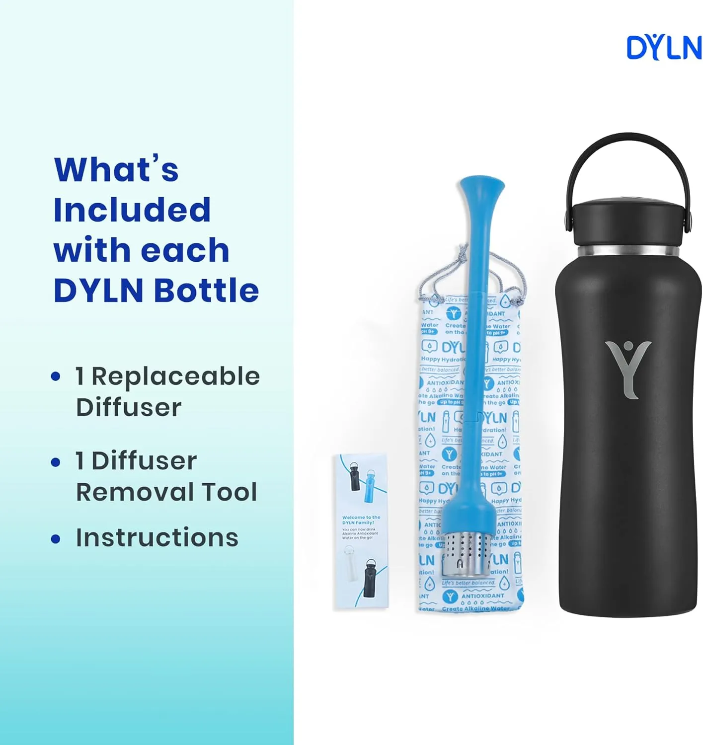 DYLN Hydrogen Water Bottle | Create Hydrating Alkaline Hydrogen-Rich Water Up to 9 pH | Vacuum Insulated Stainless Steel Water Bottle | Keeps Water Cold for 24 Hours