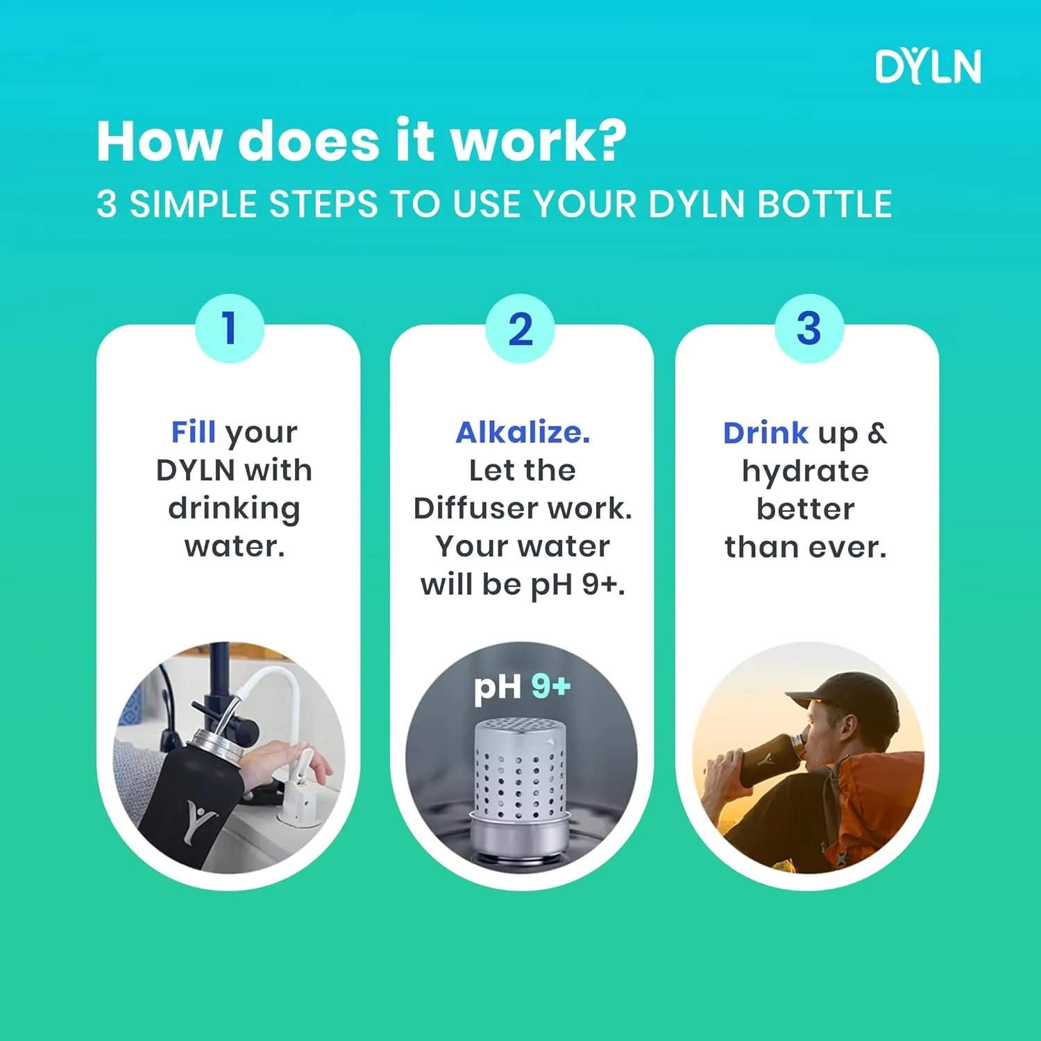 DYLN Hydrogen Water Bottle | Create Hydrating Alkaline Hydrogen-Rich Water Up to 9 pH | Vacuum Insulated Stainless Steel Water Bottle | Keeps Water Cold for 24 Hours