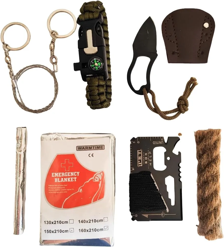 eGreen Emergency Fire Starter 6 Bag Magneisums Weatherproof Matches Multi Purpose Tool Saw Wire Knife Blanket Wax Rope for Camping Hiking   Free Tin Can (Mg   Matches   Saw   Knife), Portable