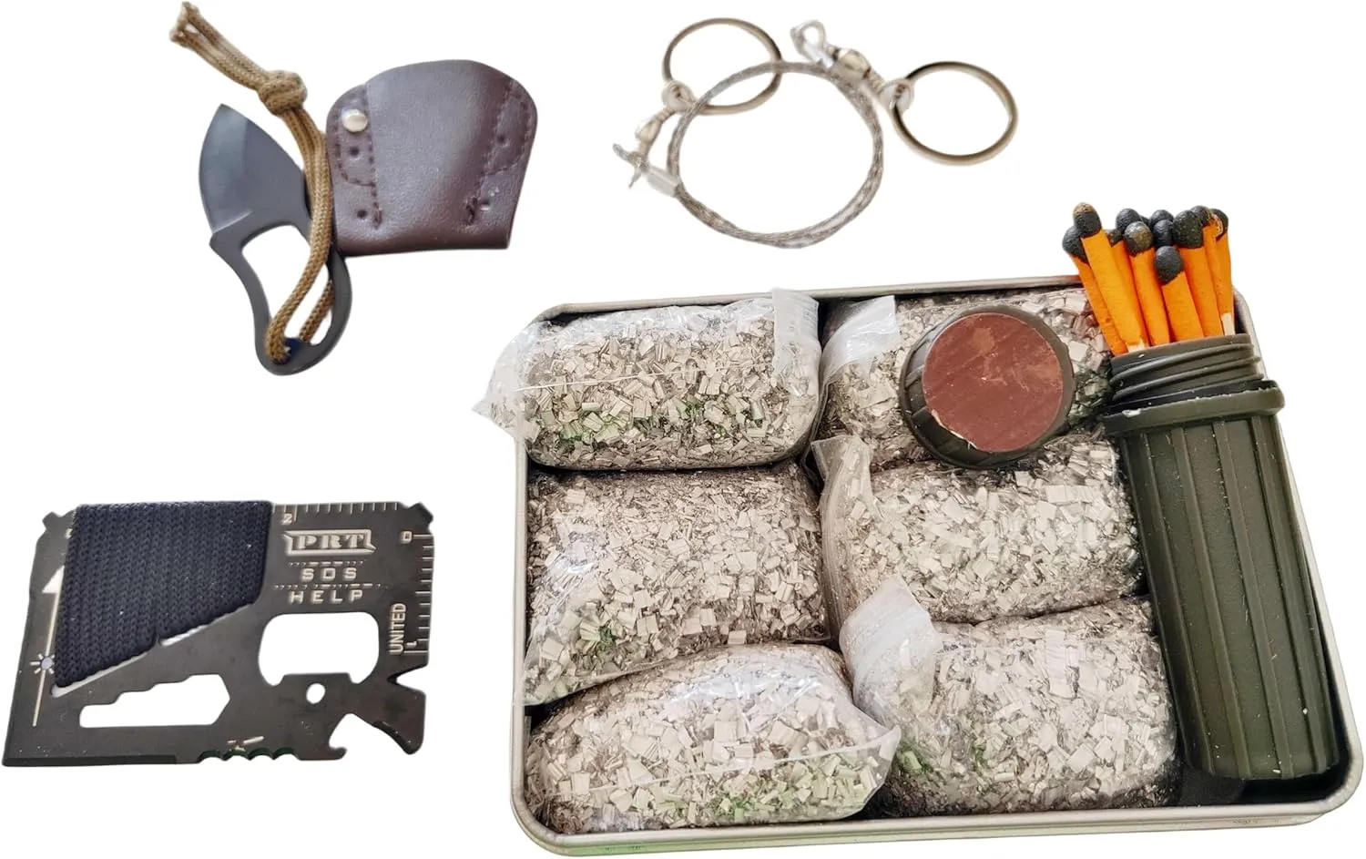 EGREEN Emergency Fire Starter 6 Bag Magneisums Weatherproof Matches Multi Purpose Tool Saw Wire Knife Blanket Wax Rope for Camping Hiking   Free Tin Can (Mg   Matches   Saw   Tool   Knife), Portable