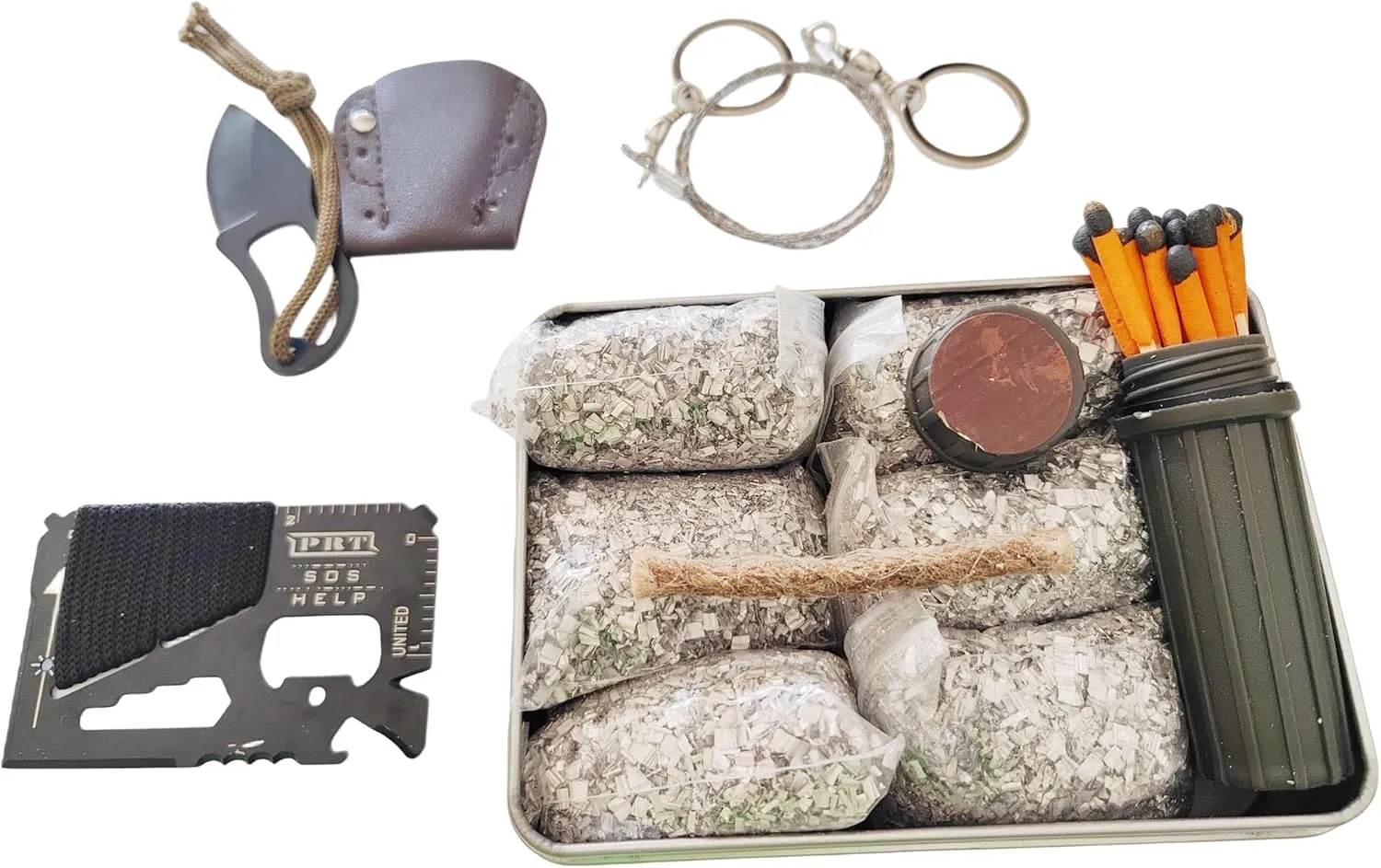 eGreen Emergency Fire Starter 6 Bag Magneisums Weatherproof Matches Multi Purpose Tool Saw Wire Knife Blanket Wax Rope for Camping Hiking   Free Tin Can (Mg   Matches   Saw   Tool   Knife   Rope)