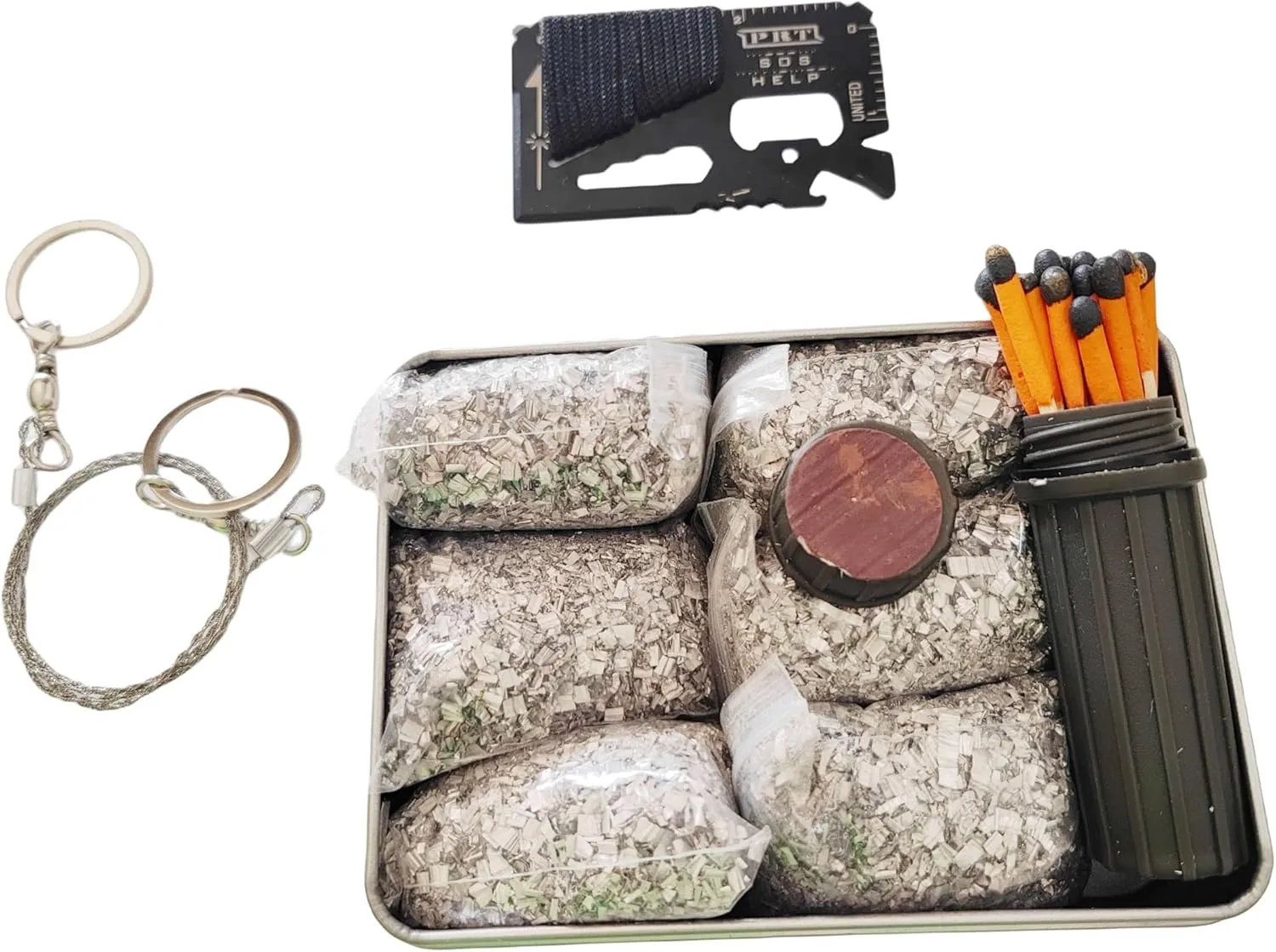 eGreen Emergency Fire Starter 6 Bag Magneisums Weatherproof Matches Multi Purpose Tool Saw Wire Knife Blanket Wax Rope for Camping Hiking   Free Tin Can (Mg   Matches   Saw   Tool)