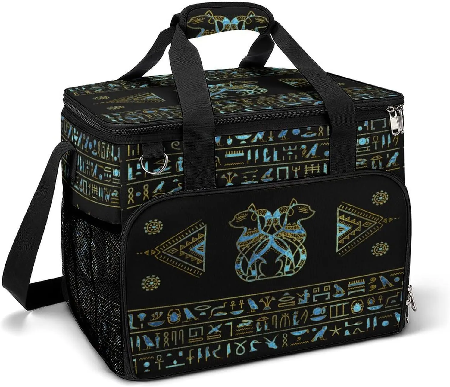 Egyptian Cats Hieroglyphs Gold Blue Cooler Bag, Collapsible Soft Sided Cooler, Large Leakproof Camping Cooler, Portable Travel Cooler for Camping, Road Trips