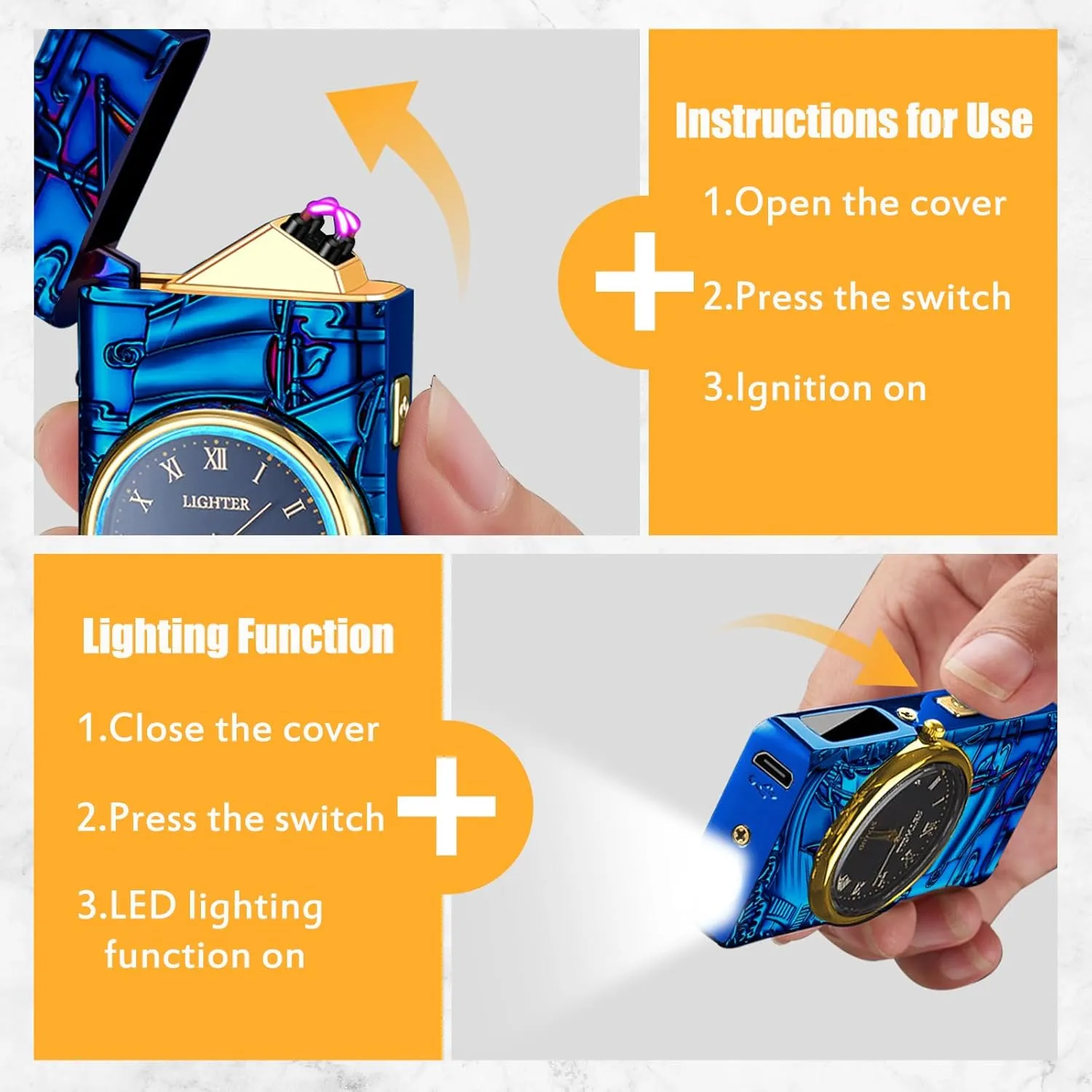 Electric Lighter with Plasma Arc, Windproof USB Rechargeable Lighter with Cool Design, Clock Dial, Flashlight, Power Display for Outdoor Daily Use, Gift for Men Women (Sailboat, Blue)