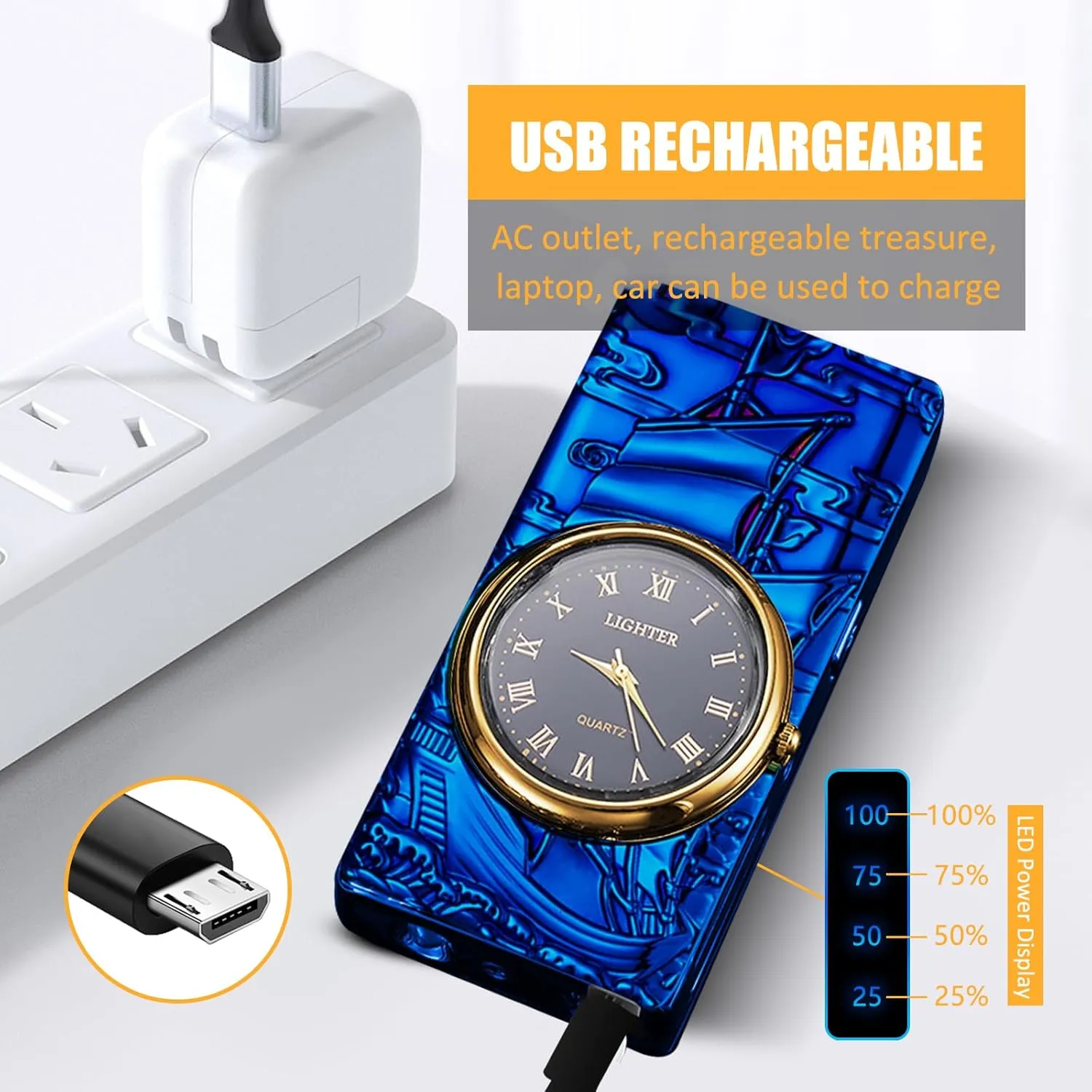 Electric Lighter with Plasma Arc, Windproof USB Rechargeable Lighter with Cool Design, Clock Dial, Flashlight, Power Display for Outdoor Daily Use, Gift for Men Women (Sailboat, Blue)