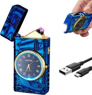 Electric Lighter with Plasma Arc, Windproof USB Rechargeable Lighter with Cool Design, Clock Dial, Flashlight, Power Display for Outdoor Daily Use, Gift for Men Women (Sailboat, Blue)