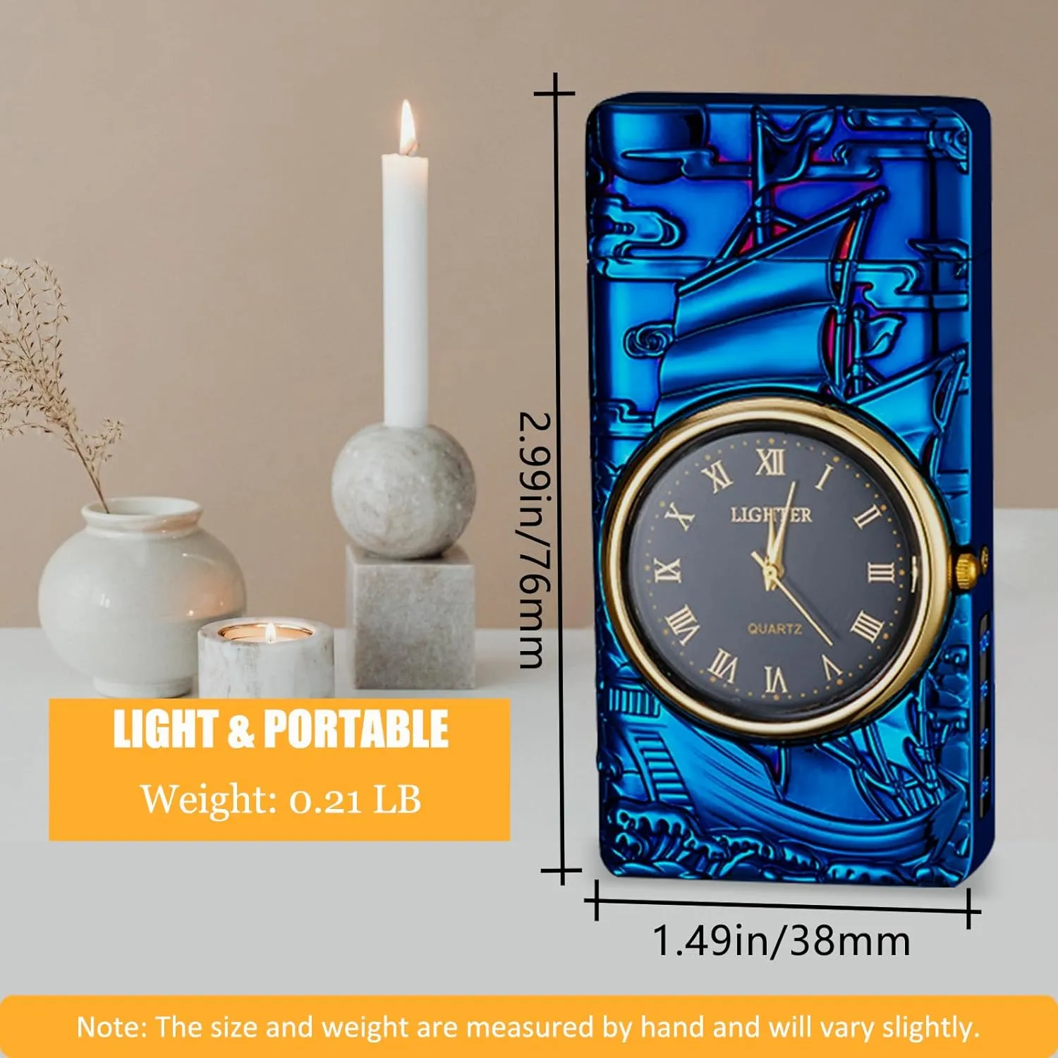 Electric Lighter with Plasma Arc, Windproof USB Rechargeable Lighter with Cool Design, Clock Dial, Flashlight, Power Display for Outdoor Daily Use, Gift for Men Women (Sailboat, Blue)