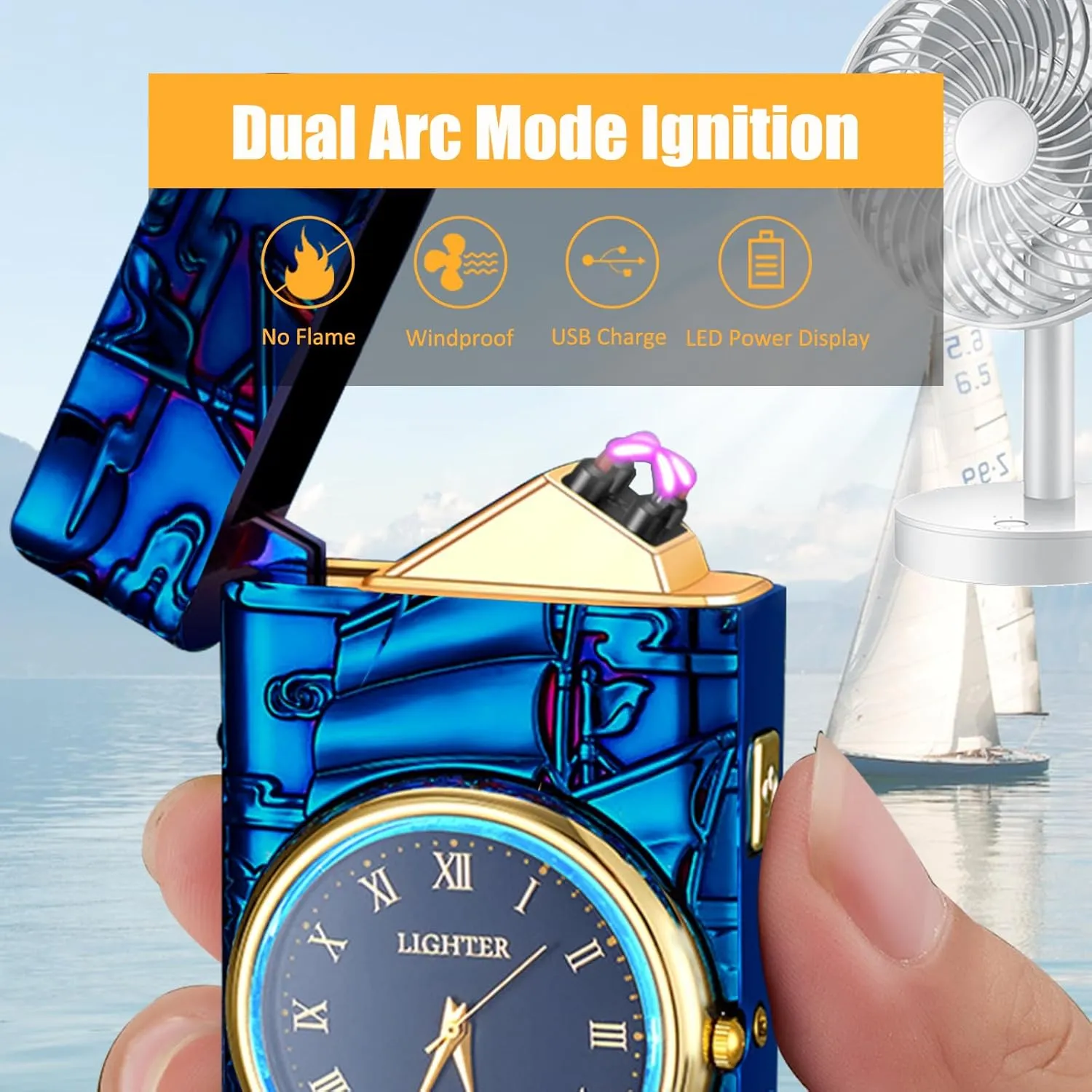 Electric Lighter with Plasma Arc, Windproof USB Rechargeable Lighter with Cool Design, Clock Dial, Flashlight, Power Display for Outdoor Daily Use, Gift for Men Women (Sailboat, Blue)