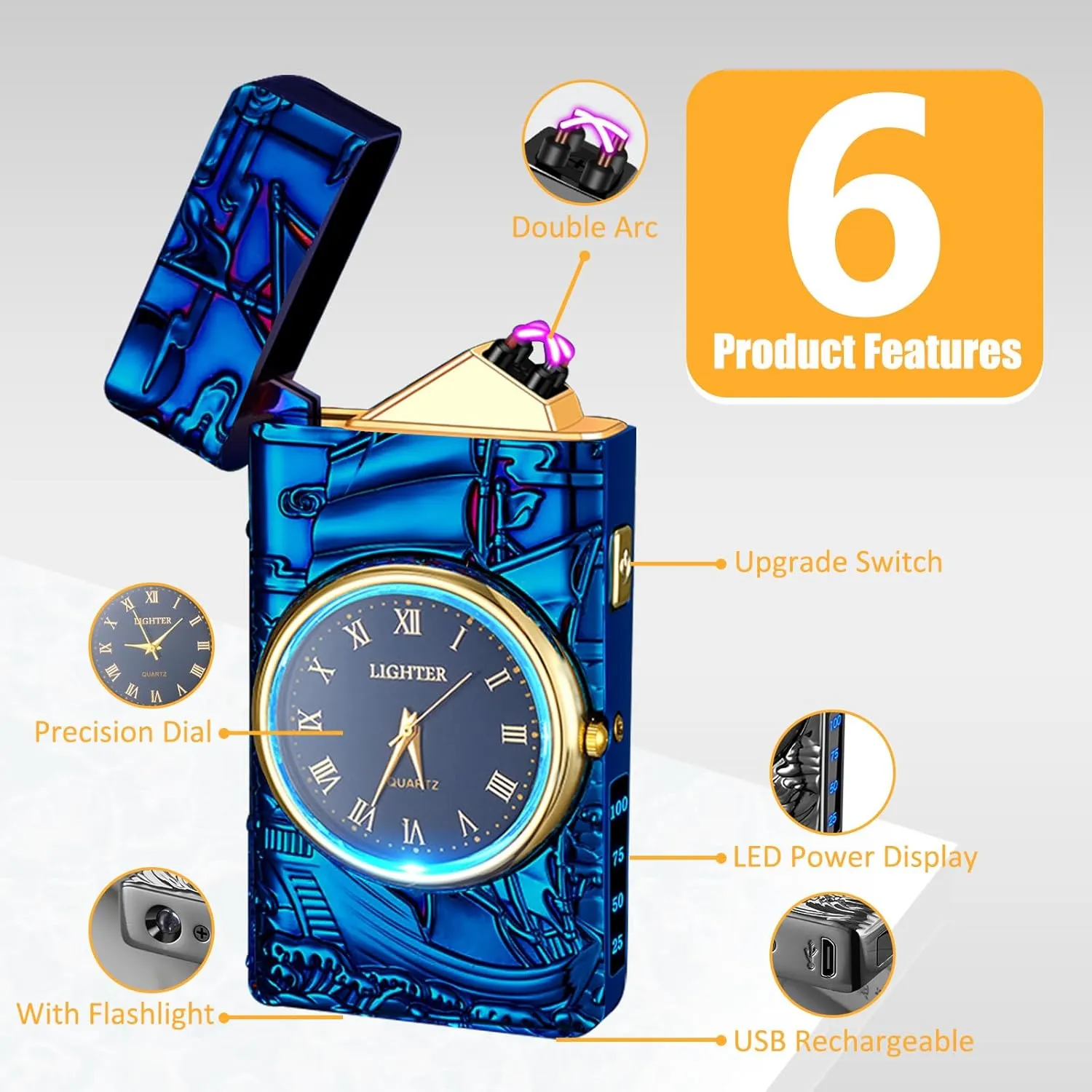 Electric Lighter with Plasma Arc, Windproof USB Rechargeable Lighter with Cool Design, Clock Dial, Flashlight, Power Display for Outdoor Daily Use, Gift for Men Women (Sailboat, Blue)