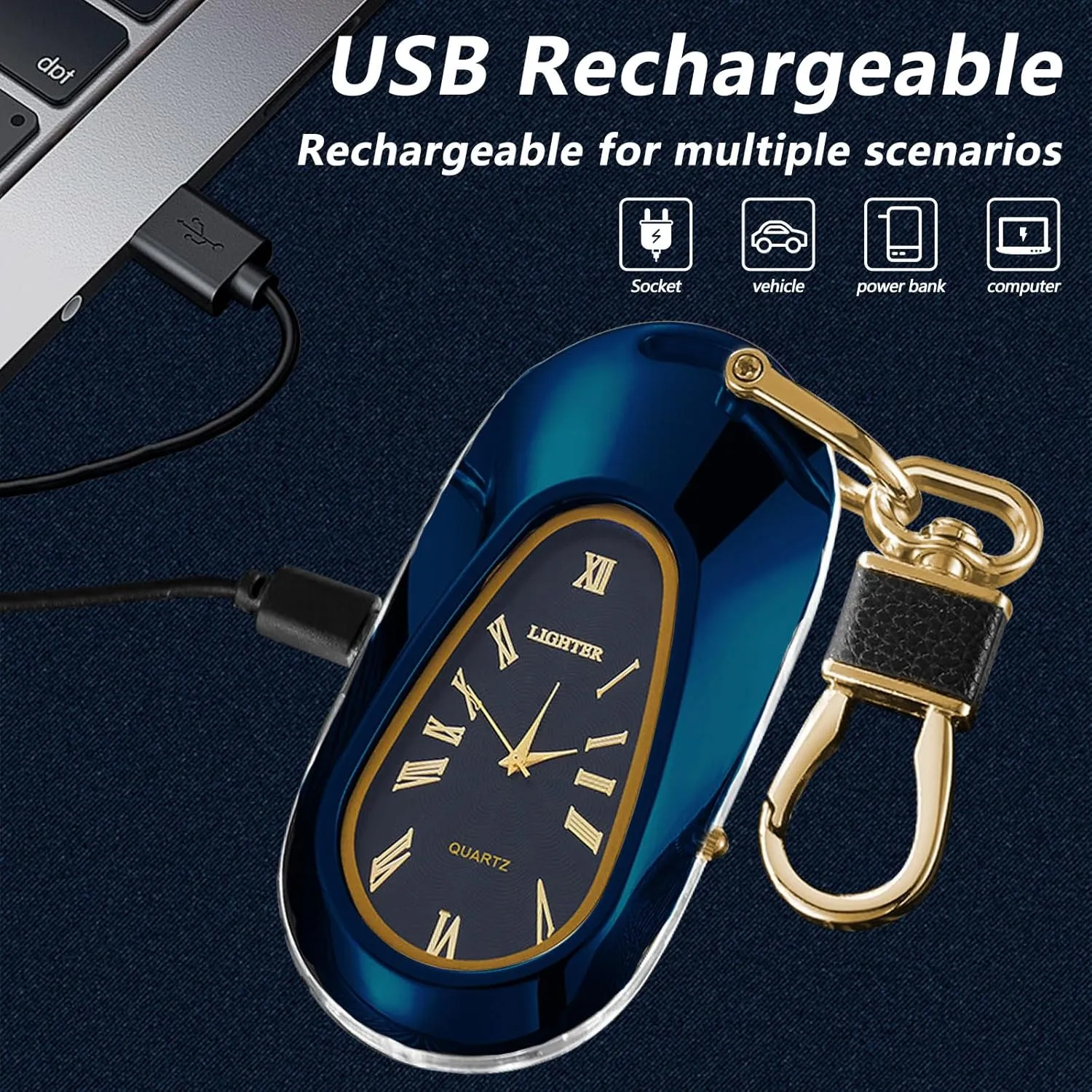 Electric Lighters USB Rechargeable Keychain Lighter Flameless Windproof Plasma Arc Lighter with Clock, Cool Lighters for Candles (Blue)