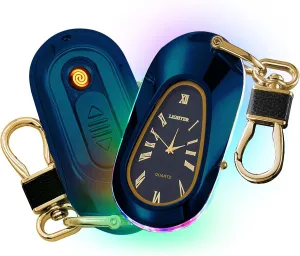 Electric Lighters USB Rechargeable Keychain Lighter Flameless Windproof Plasma Arc Lighter with Clock, Cool Lighters for Candles (Blue)