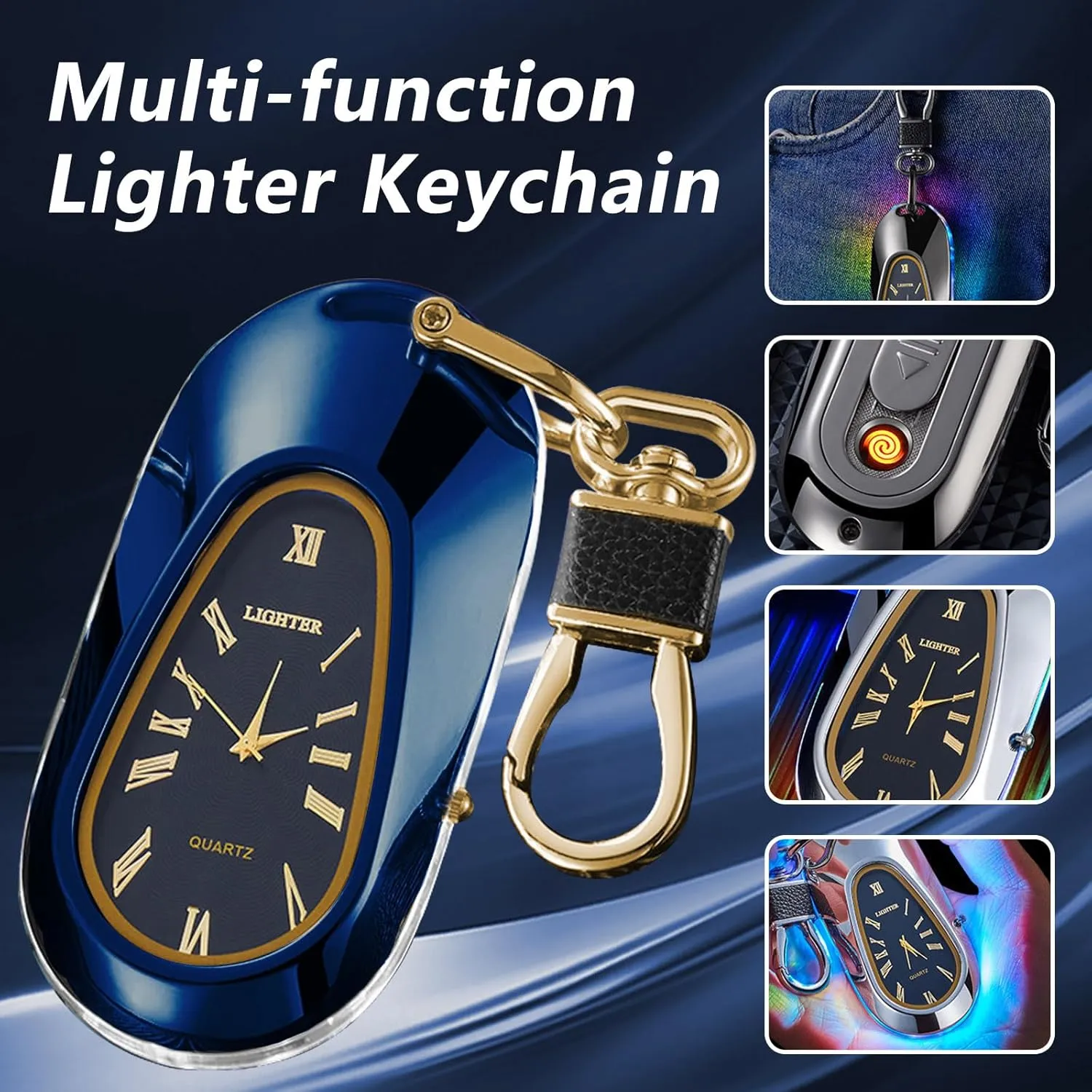 Electric Lighters USB Rechargeable Keychain Lighter Flameless Windproof Plasma Arc Lighter with Clock, Cool Lighters for Candles (Blue)