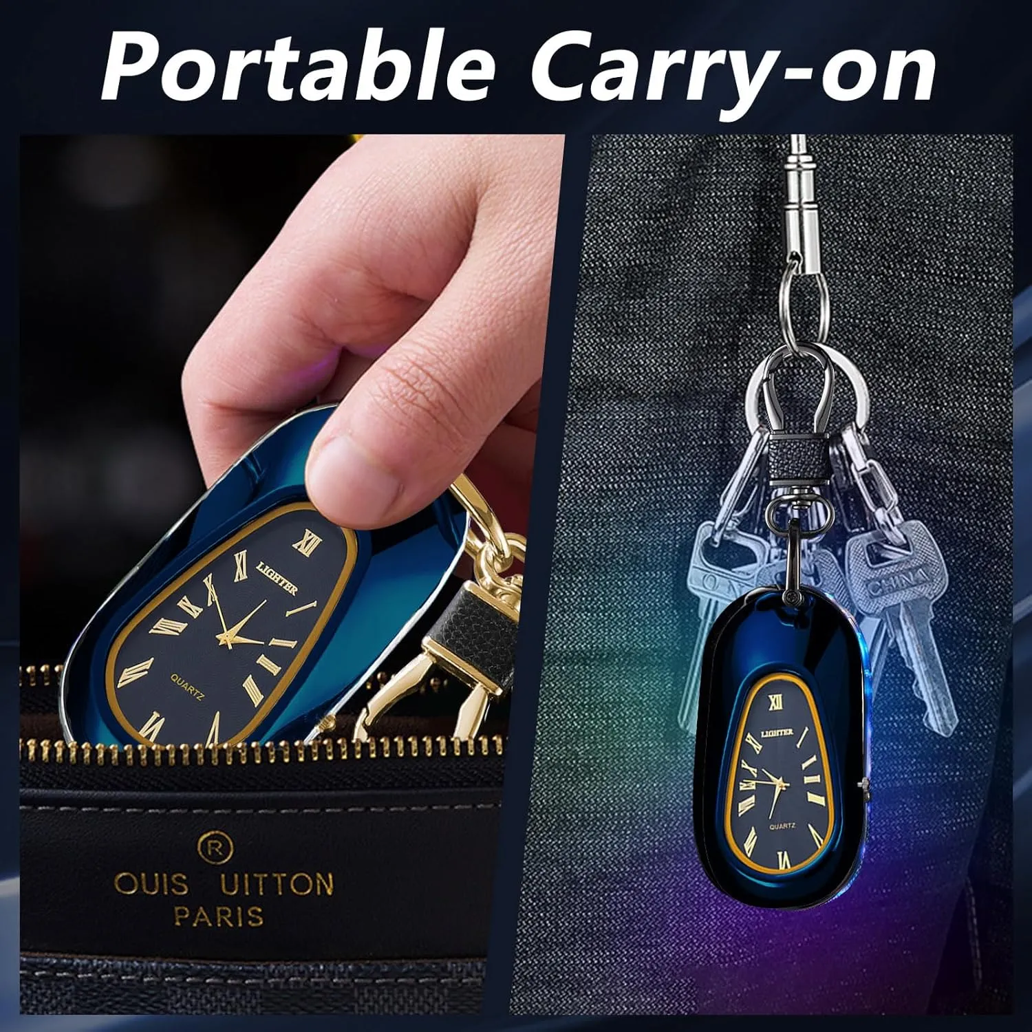 Electric Lighters USB Rechargeable Keychain Lighter Flameless Windproof Plasma Arc Lighter with Clock, Cool Lighters for Candles (Blue)