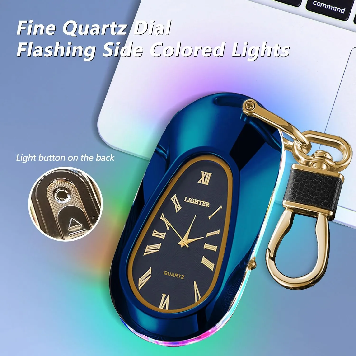 Electric Lighters USB Rechargeable Keychain Lighter Flameless Windproof Plasma Arc Lighter with Clock, Cool Lighters for Candles (Blue)