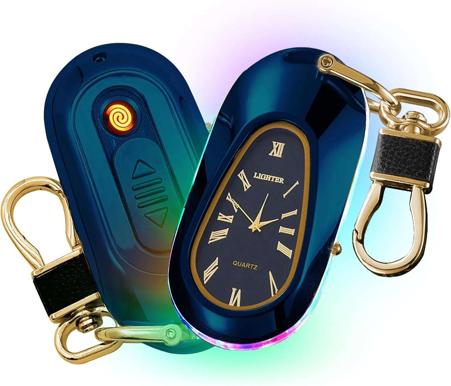 Electric Lighters USB Rechargeable Keychain Lighter Flameless Windproof Plasma Arc Lighter with Clock, Cool Lighters for Candles (Blue)