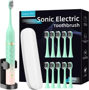 Electric Toothbrush Set, Equipped with 10 Brush Heads and Travel case, IPX8 Waterproof, 2-Minute Timer, 42000 high-Frequency Vibrations, 5 Modes, The First Choice for Gift Giving