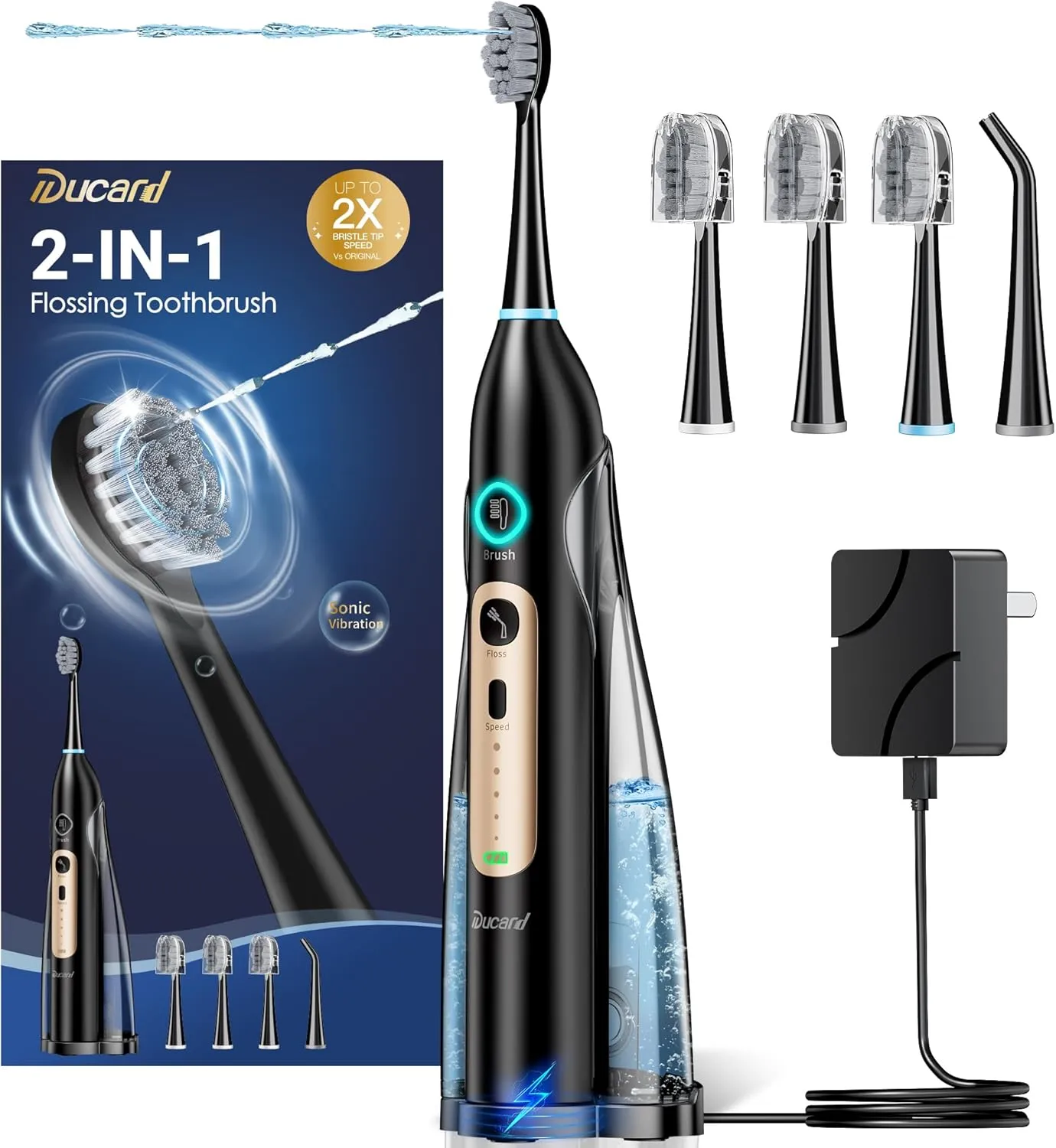 Electric Toothbrush with Water Flosser Combo, Cordless & Portable flossing Toothbrush for Travel, Sonic Electric Toothbrush for Adults for Teeth Cleaning, 3 Brush Modes & 5 Floss Speed & 4 Tips