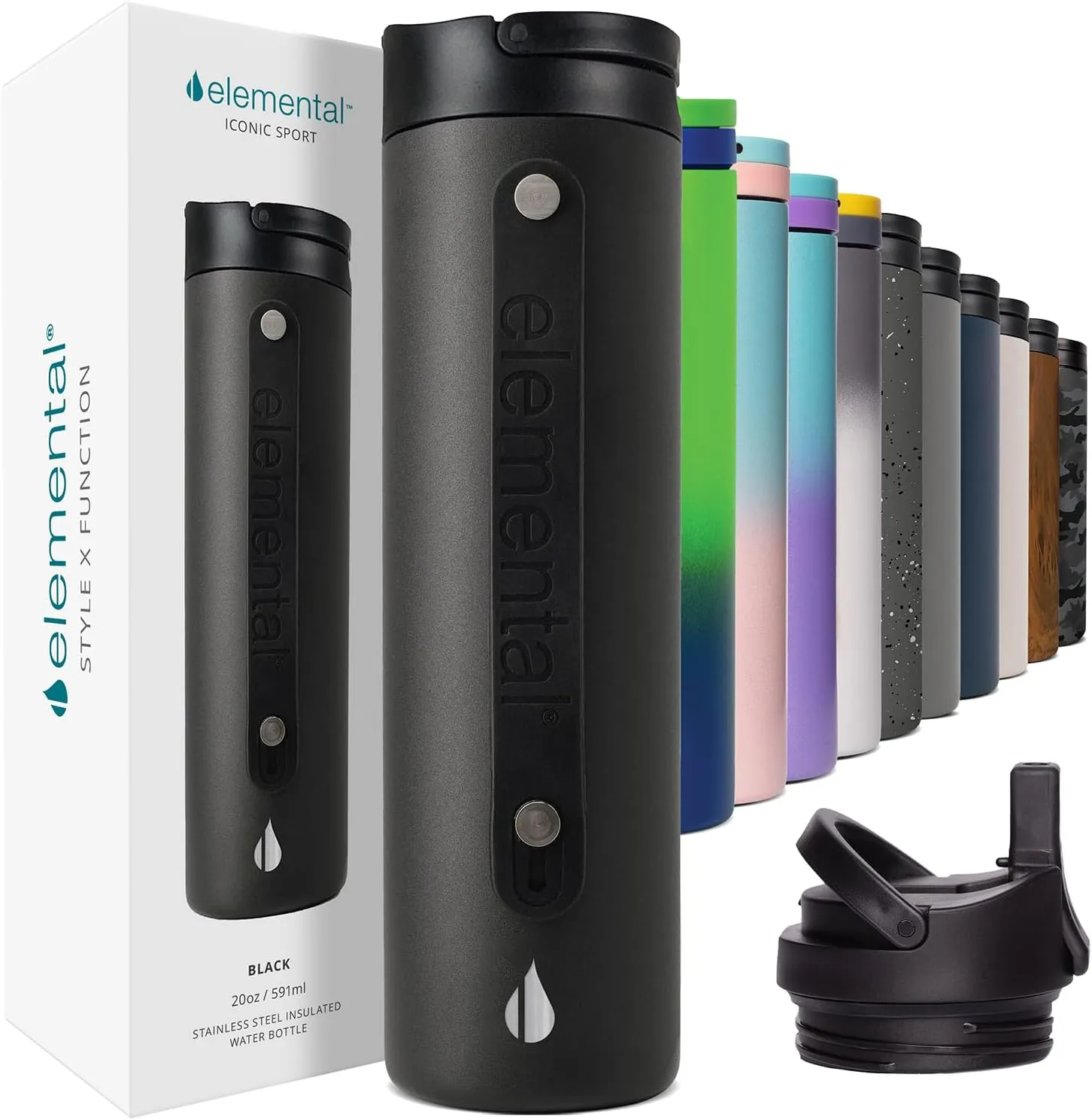Elemental Iconic Stainless Steel Water Bottle with Straw - 20 oz Leak Proof Triple Wall Insulated Water Bottles for Travel and Sports - Reusable Gym Water Bottle with 2 Straws - Black