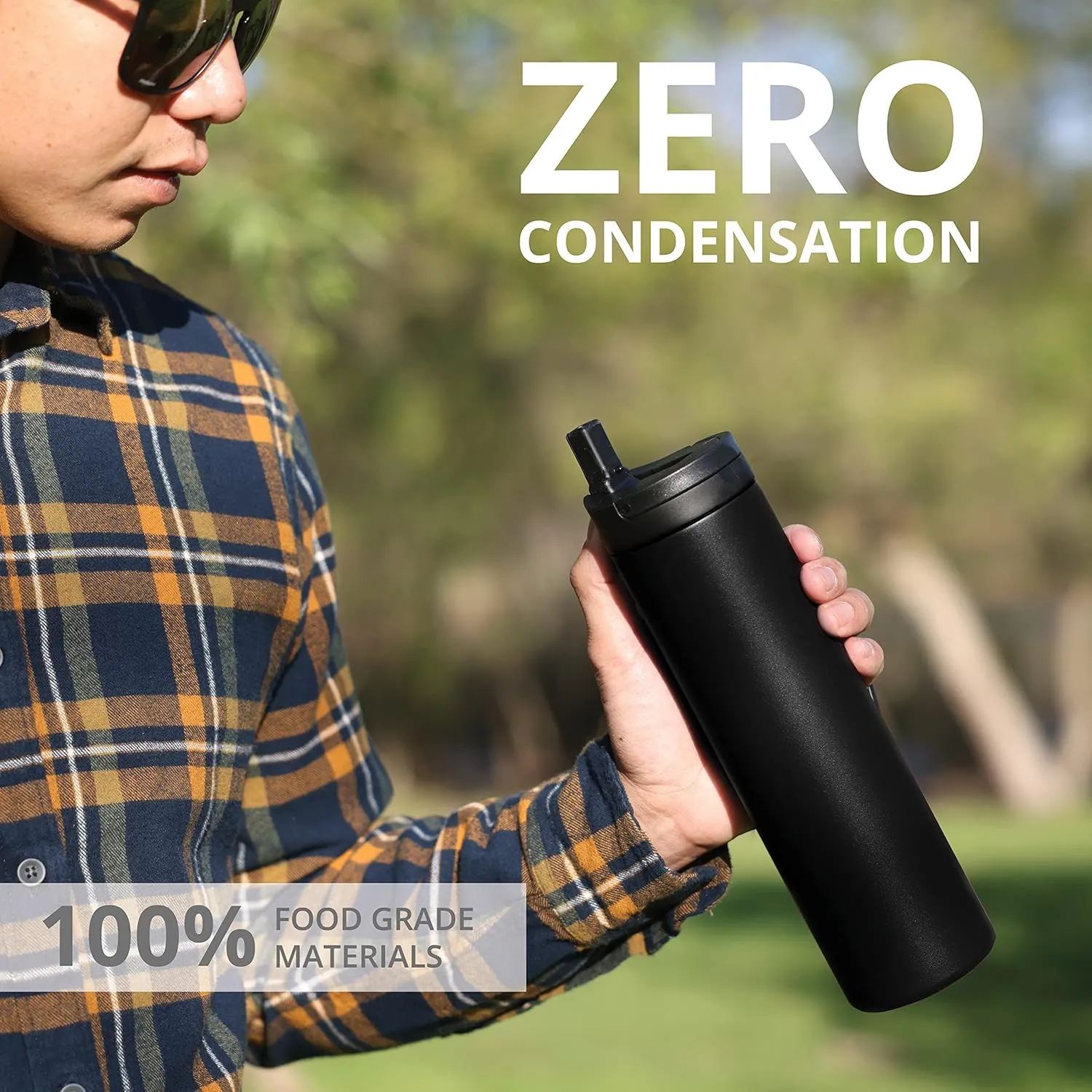 Elemental Iconic Stainless Steel Water Bottle with Straw - 20 oz Leak Proof Triple Wall Insulated Water Bottles for Travel and Sports - Reusable Gym Water Bottle with 2 Straws - Black