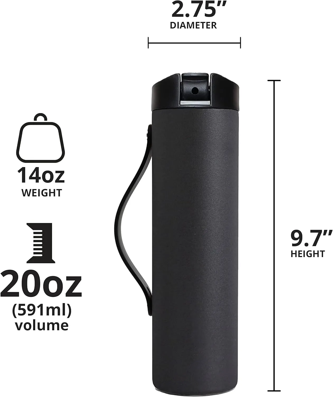 Elemental Iconic Stainless Steel Water Bottle with Straw - 20 oz Leak Proof Triple Wall Insulated Water Bottles for Travel and Sports - Reusable Gym Water Bottle with 2 Straws - Black