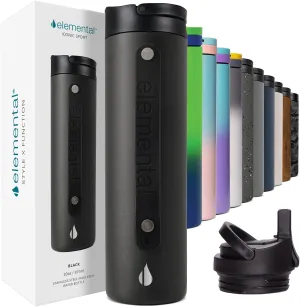 Elemental Iconic Stainless Steel Water Bottle with Straw - 20 oz Leak Proof Triple Wall Insulated Water Bottles for Travel and Sports - Reusable Gym Water Bottle with 2 Straws - Black