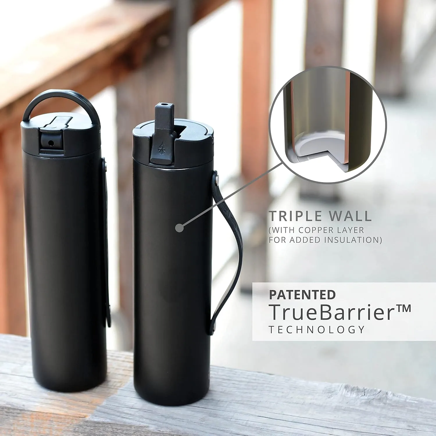 Elemental Iconic Stainless Steel Water Bottle with Straw - 20 oz Leak Proof Triple Wall Insulated Water Bottles for Travel and Sports - Reusable Gym Water Bottle with 2 Straws - Black