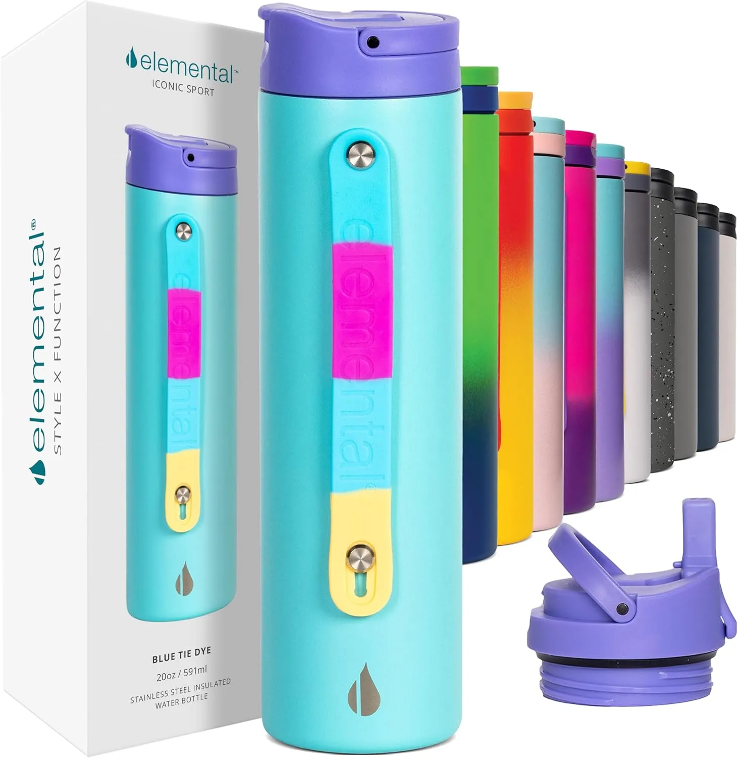 Elemental Iconic Stainless Steel Water Bottle with Straw - 20 oz Leak Proof Triple Wall Insulated Water Bottles for Travel and Sports - Reusable Gym Water Bottle with 2 Straws - Blue Tie Dye