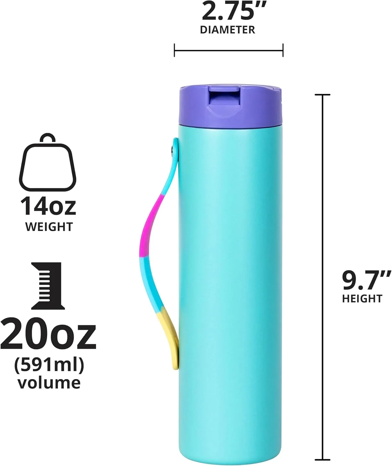 Elemental Iconic Stainless Steel Water Bottle with Straw - 20 oz Leak Proof Triple Wall Insulated Water Bottles for Travel and Sports - Reusable Gym Water Bottle with 2 Straws - Blue Tie Dye