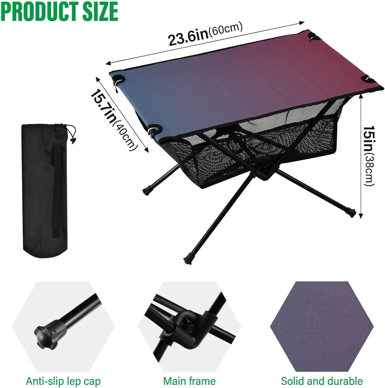 Emelivor Blue Red Gradient Folding Camping Table Portable Beach Table with Carry Bag Small Craft Table for Camping Picnic BBQ Backpacking Beach
