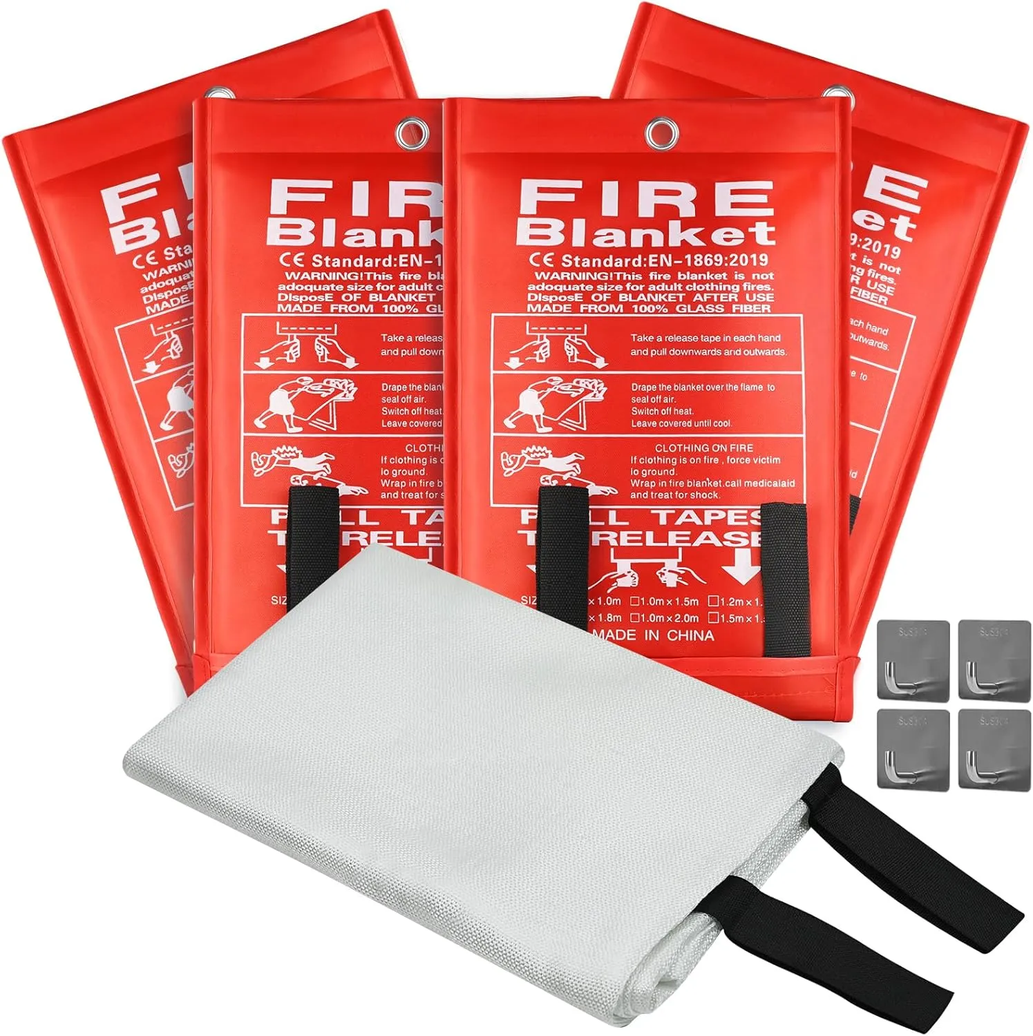 Emergency Fire Blanket, 40"x40" Fiberglass Suppression Fire Retardant Blankets for Home, Kitchen, Camping, Grill, Car, Office, Warehouse with Hooks(4 Pack)