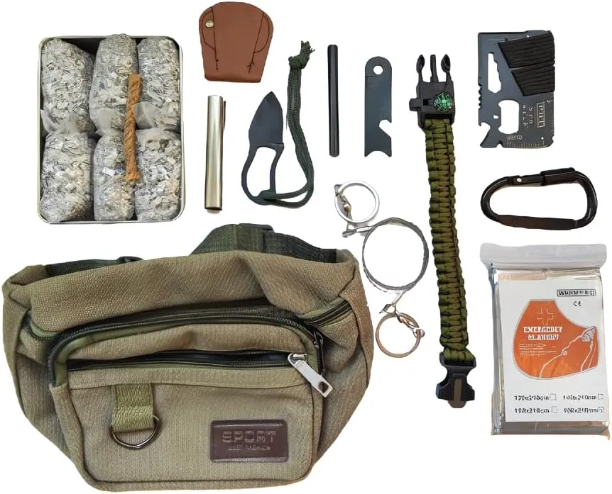 Emergency Fire Stater 6 Bags Magnesium Ferro Striker Saw Wire Multi Purpose Tool Blanket Wax Rope Camping Hiking Bushcraft   1 Free Tin Can (Mg   FerroStriker   Knife   Saw   Blanket   WaxRope)
