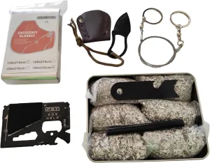 Emergency Fire Stater 6 Bags Magnesium Ferro Striker Saw Wire Multi Purpose Tool Blanket Wax Rope Camping Hiking Bushcraft   1 Free Tin Can (Mg   FerroStriker   Tool   Saw   Blanket   Knife)