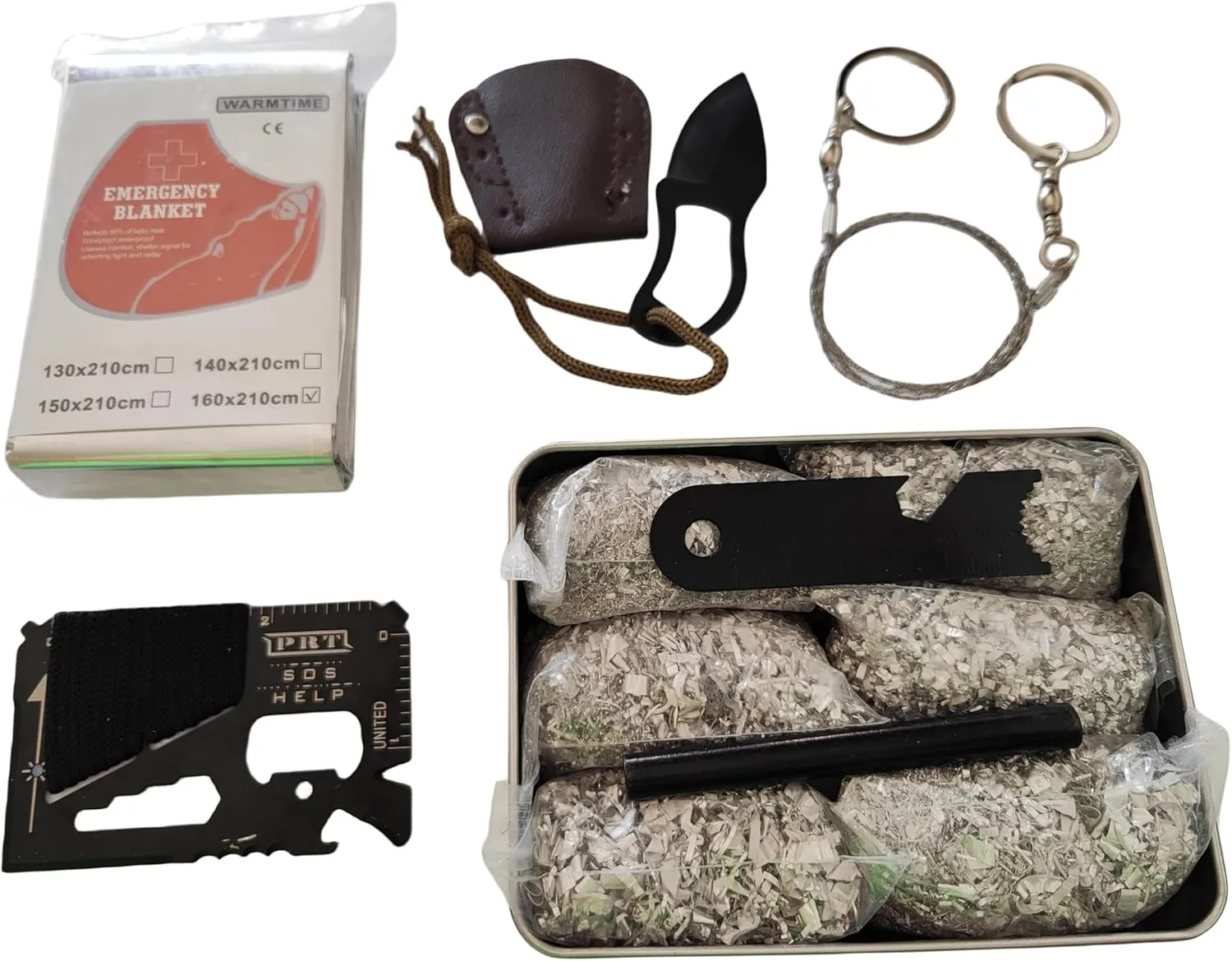 Emergency Fire Stater 6 Bags Magnesium Ferro Striker Saw Wire Multi Purpose Tool Blanket Wax Rope Camping Hiking Bushcraft   1 Free Tin Can (Mg   FerroStriker   Tool   Saw   Blanket   Knife)