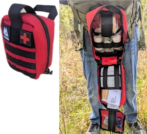Emergency First Aid Kit for Home MOLLE Compatible Tactical Medical Bag, Quick Access Design, Red and Black Jump kit Bag Burn Care,Wound Care,Survival Blanket, CPR Mask – Bleed Control