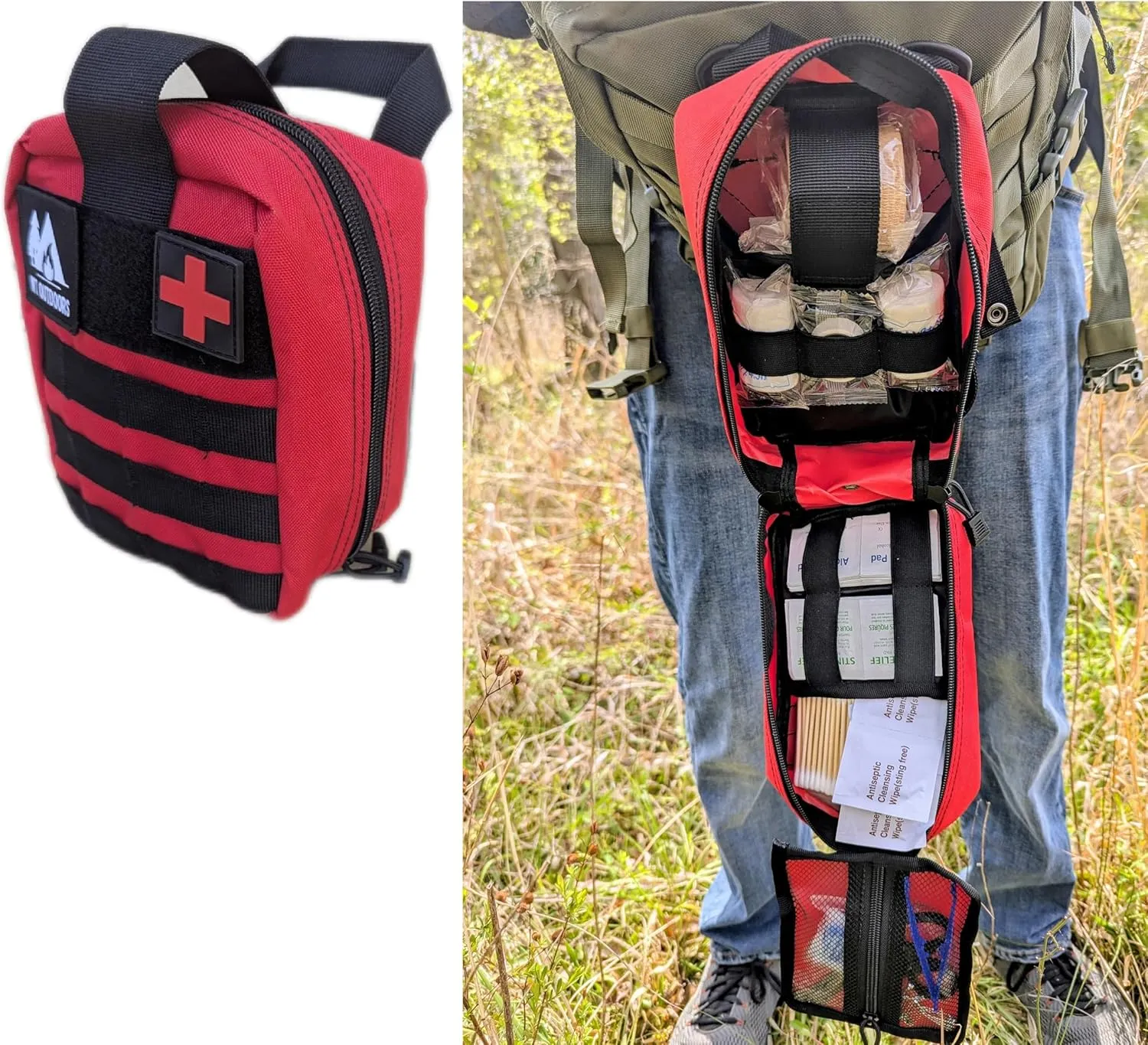 Emergency First Aid Kit for Home MOLLE Compatible Tactical Medical Bag, Quick Access Design, Red and Black Jump kit Bag Burn Care,Wound Care,Survival Blanket, CPR Mask – Bleed Control