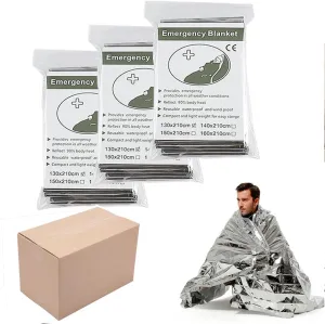 Emergency Foil Blanket (Pack of 100), Survival Thermal Mylar Blankets Individually Packaged Perfect for Outdoors, Hiking, Survival, Marathons or First Aid