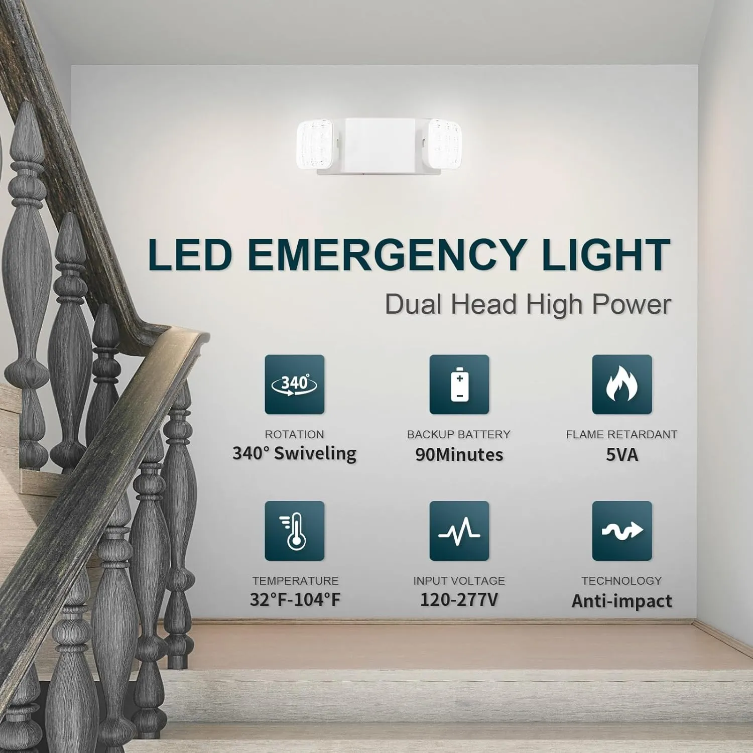Emergency Lights with Backup battery, Two Head Adjustable Commercial Emergency Light For Home Power Failure, UL Listed, 5VA Flame Retardant,120/277V, Hardwired Emergency Lights For Business