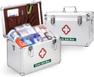 Emergency Medicine Cabinet with Aluminum First Aid Case & Carrying Handle – Compact, Organized First Aid Kit for Travel, Home, Office, Vehicle, and Outdoor Use
