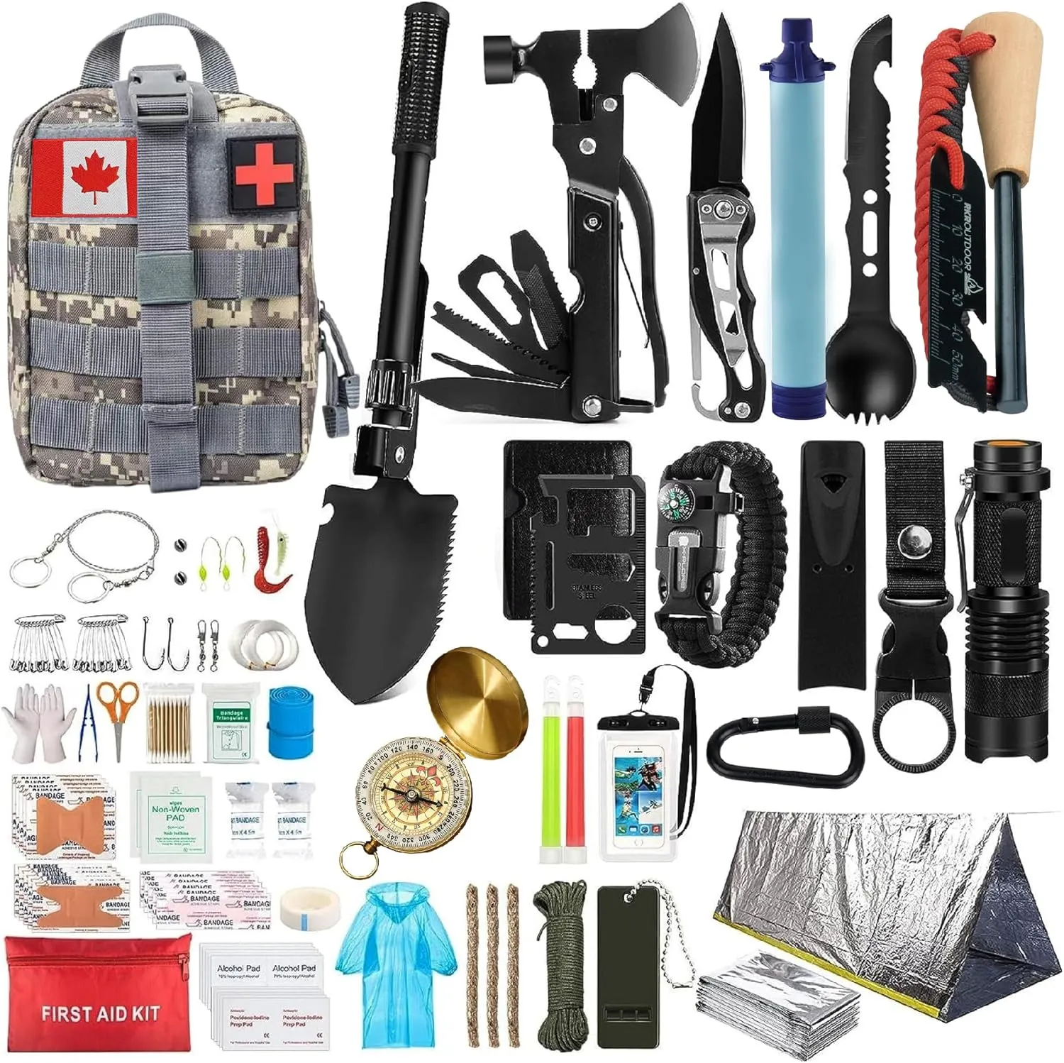Emergency Survival Kit and First Aid Kit for Outdoor, Professional Outdoor Tools for Camping, Outdoor, Adventure, Hiking and Hunting, Survival Gear with Molle System