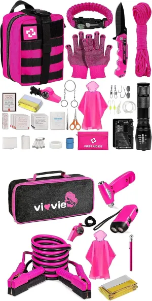 Emergency Survival Kit and First Aid Kit,Pink Car Emergency Kit with Jumper Cables Professional Survival Gear and Equipment for Teen Girls and Women's Gifts