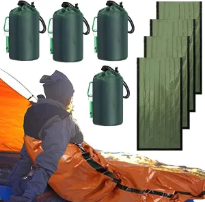 Emergency Survival Sleeping Bag 84.6"X36" (4 Sets)- Waterproof Thermal Bivy Sack for Camping Hiking and Outdoor Activities - Compact Portable Lightweight for Ultimate Warmth in Emergencies (Green)