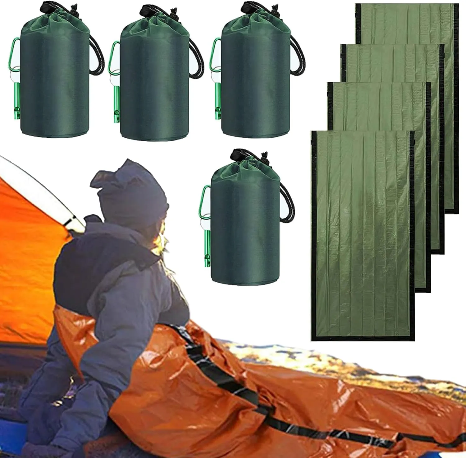 Emergency Survival Sleeping Bag 84.6"X36" (4 Sets)- Waterproof Thermal Bivy Sack for Camping Hiking and Outdoor Activities - Compact Portable Lightweight for Ultimate Warmth in Emergencies (Green)
