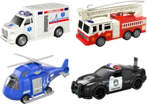 Emergency Vehicle Toy Playsets 4 Pack, Toddler Trucks Rescue Toys for Boys Age 3-5, Ambulance Car Fire Truck Play Police Car Helicopter with Light and Sound Christmas Birthday Gifts for Boys Girls