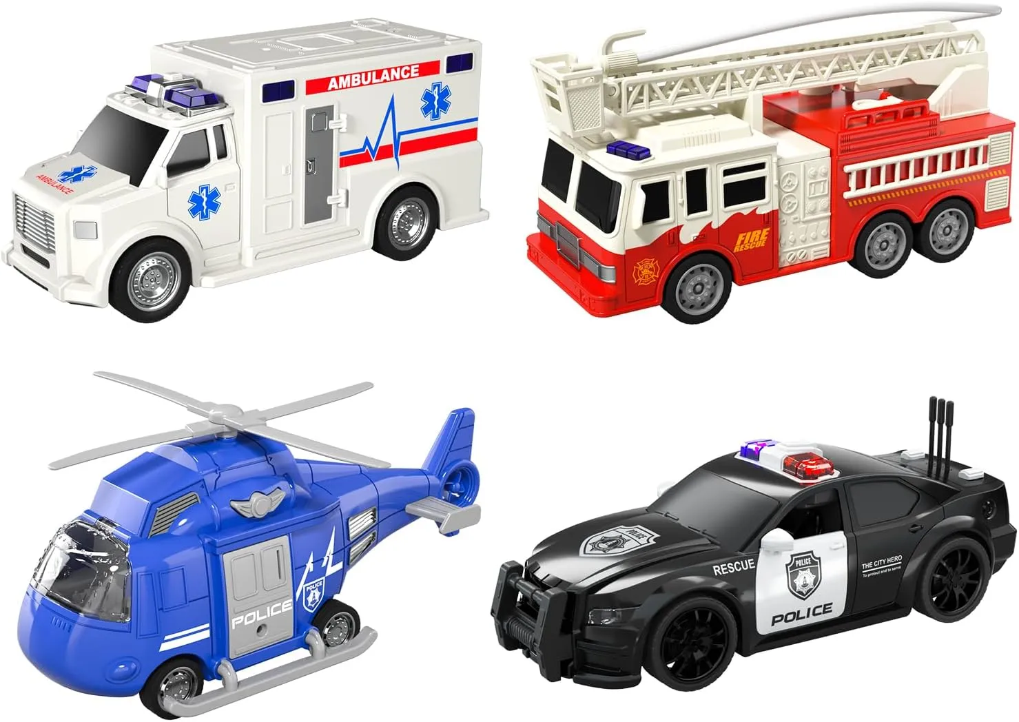 Emergency Vehicle Toy Playsets 4 Pack, Toddler Trucks Rescue Toys for Boys Age 3-5, Ambulance Car Fire Truck Play Police Car Helicopter with Light and Sound Christmas Birthday Gifts for Boys Girls