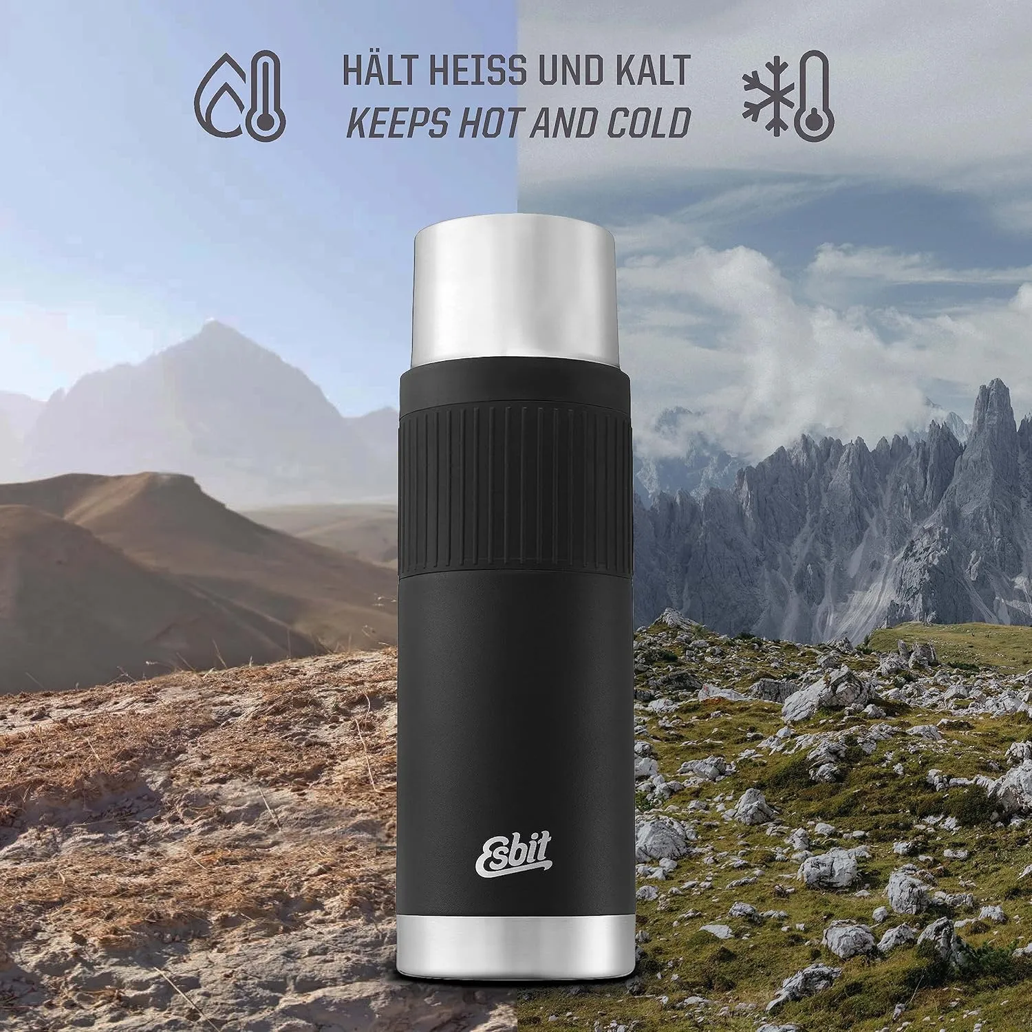 Esbit Sculptor Thermal Flask - Insulated Stainless Steel Bottle for Hot and Cold Drinks - 1000ml in Black with Cuff