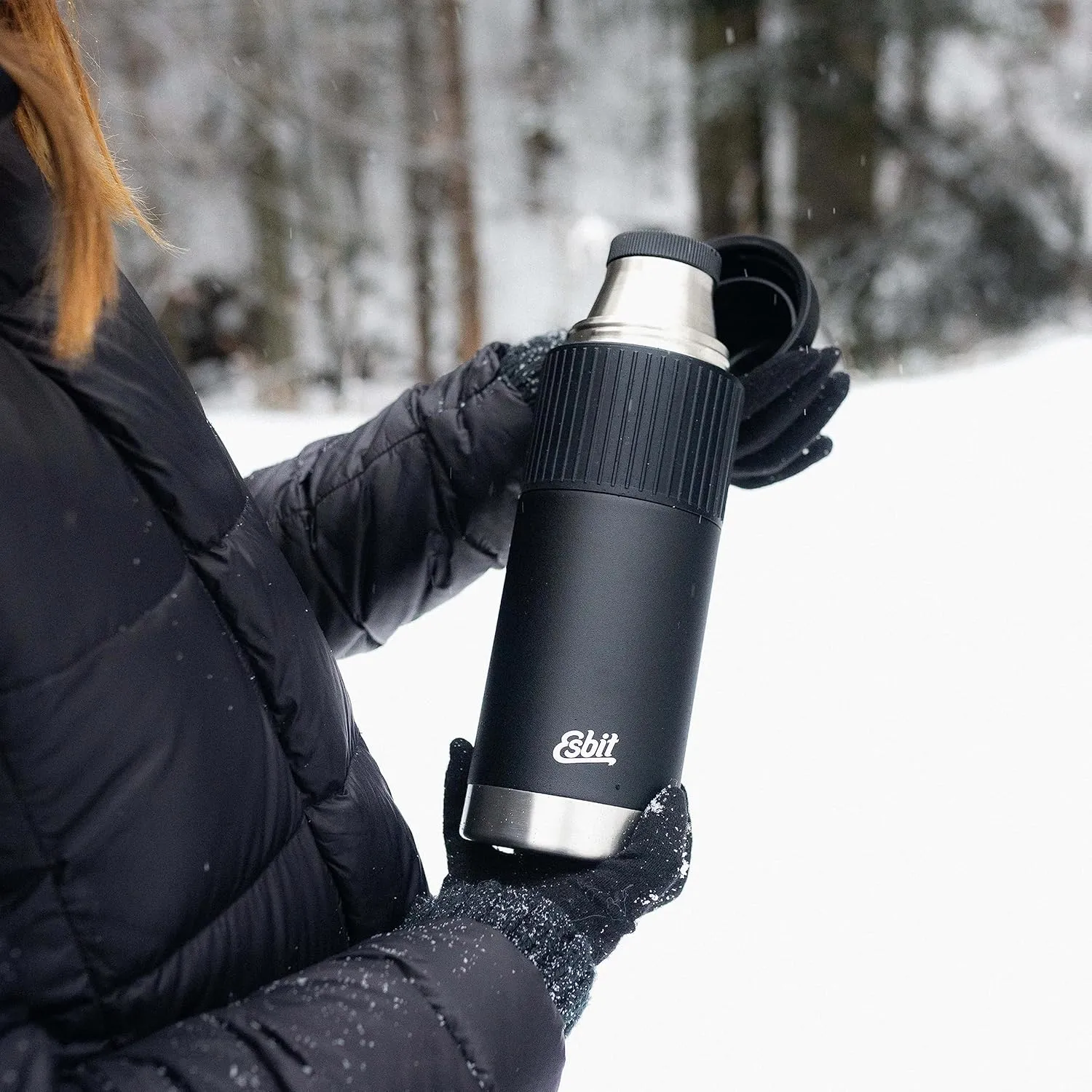 Esbit Sculptor Thermal Flask - Insulated Stainless Steel Bottle for Hot and Cold Drinks - 1000ml in Black with Cuff