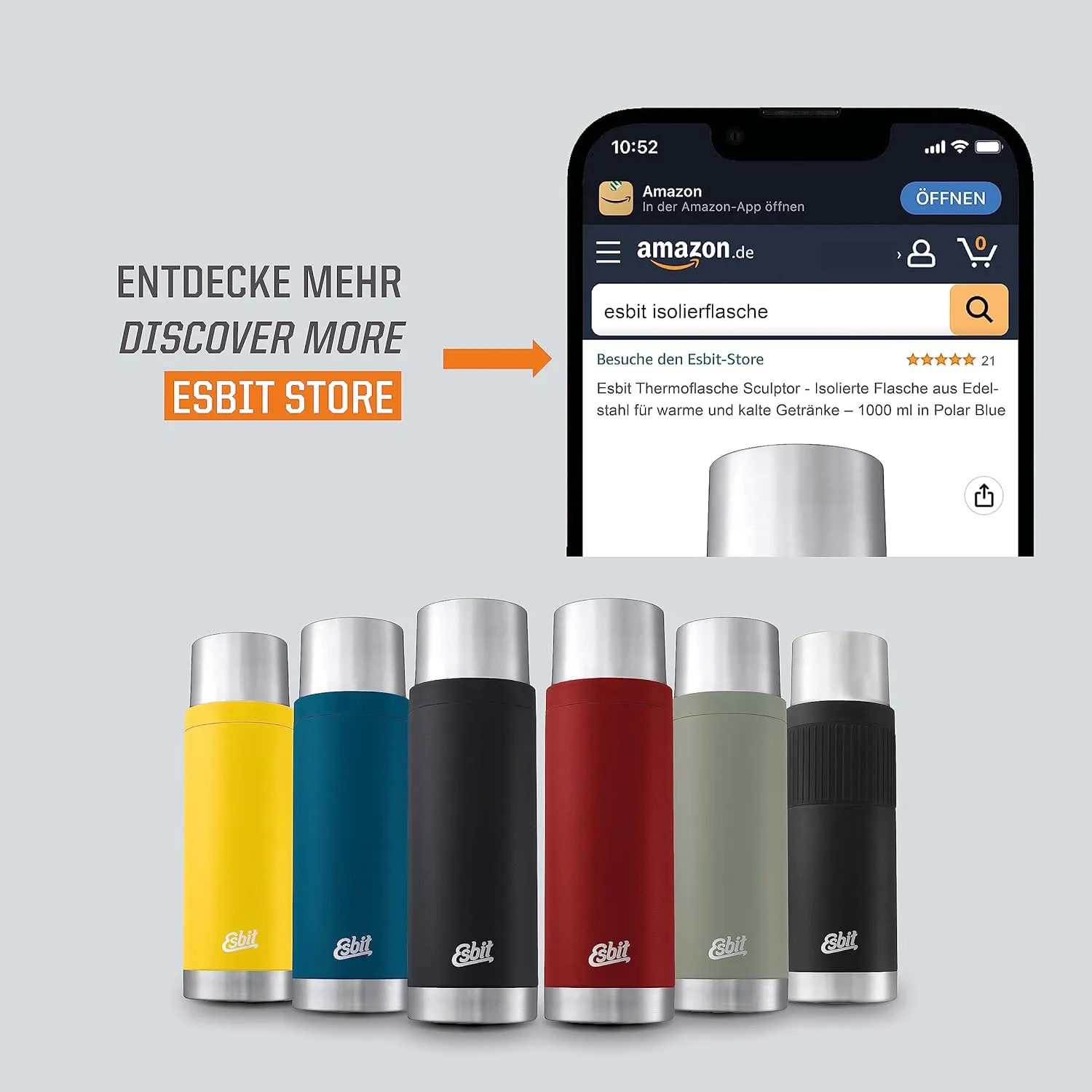 Esbit Sculptor Thermal Flask - Insulated Stainless Steel Bottle for Hot and Cold Drinks - 1000ml in Black with Cuff