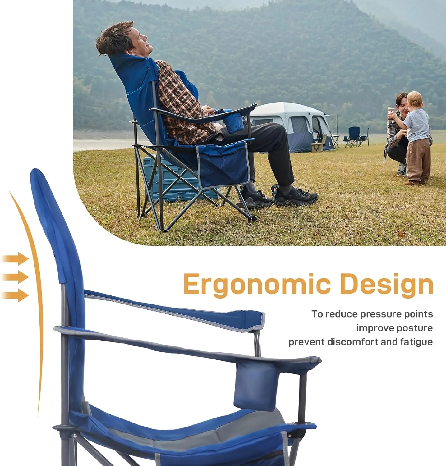 EVER ADVANCED High Back Folding Camping Chair Oversized and Fully Padded, Portable Quad Camp Lawn Chair Up to 400 lbs, with Cup Holder Armrest Carrying Bag