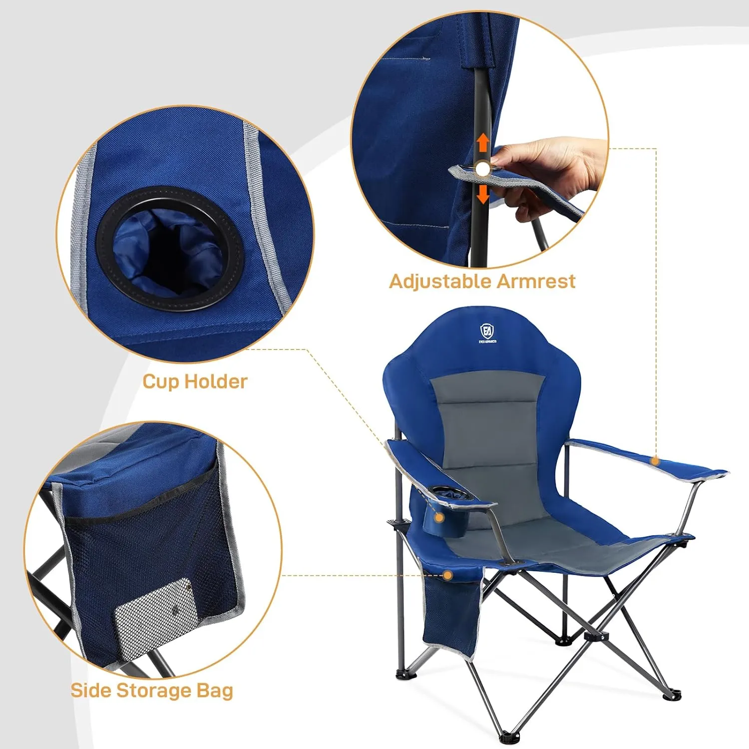 EVER ADVANCED High Back Folding Camping Chair Oversized and Fully Padded, Portable Quad Camp Lawn Chair Up to 400 lbs, with Cup Holder Armrest Carrying Bag