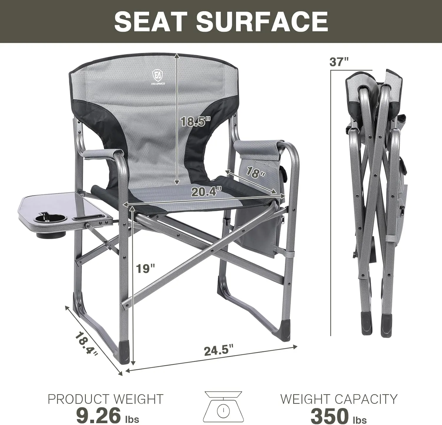 EVER ADVANCED Lightweight Folding Directors Chairs Outdoor, Aluminum Camping Chair with Side Table and Storage Pouch, Heavy Duty Supports 350LBS